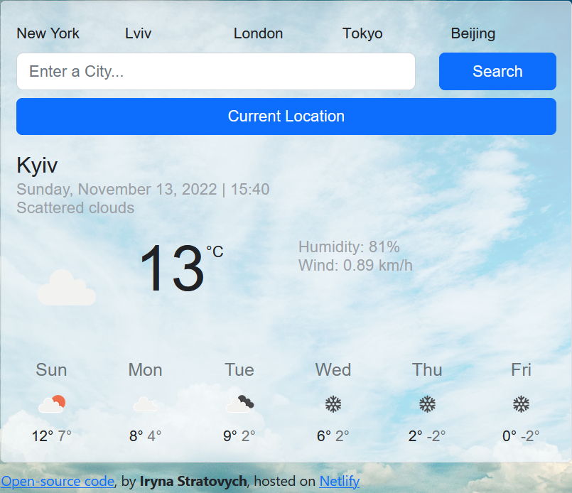 Picture of a weather application coded by Iryna